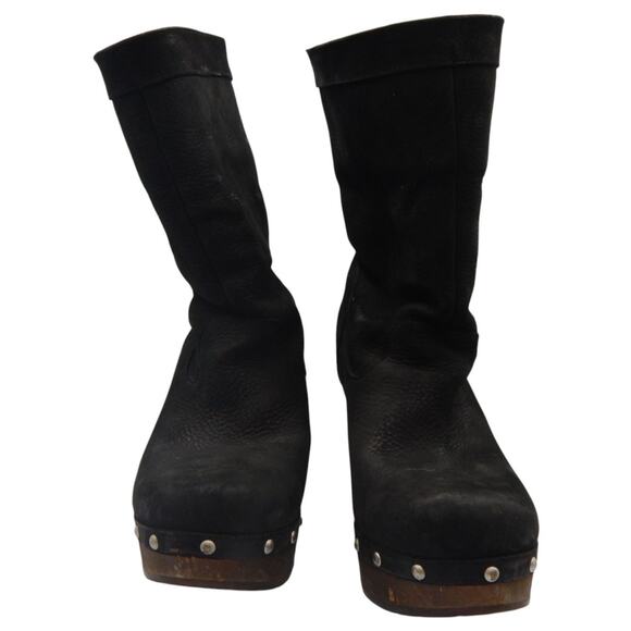 UGG Carnegie Leather Shearling Fold Down Wedge Clog Winter Boots Black Size 10 - Picture 6 of 12